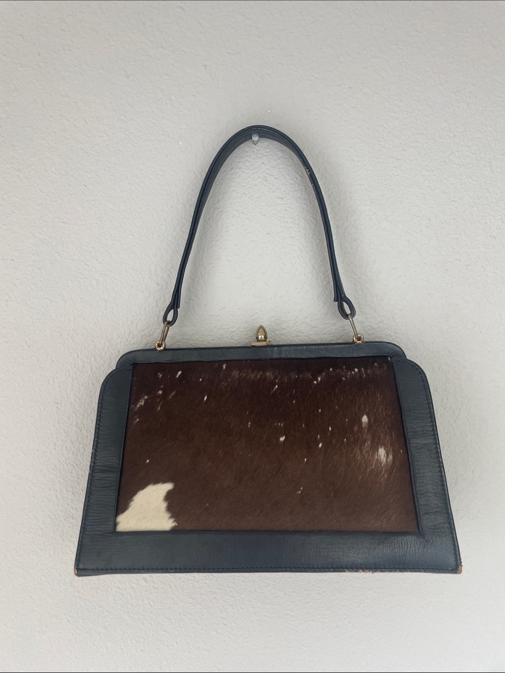 Vintage 1960s Black Leather & Brown Haircalf Top-Handle Bag